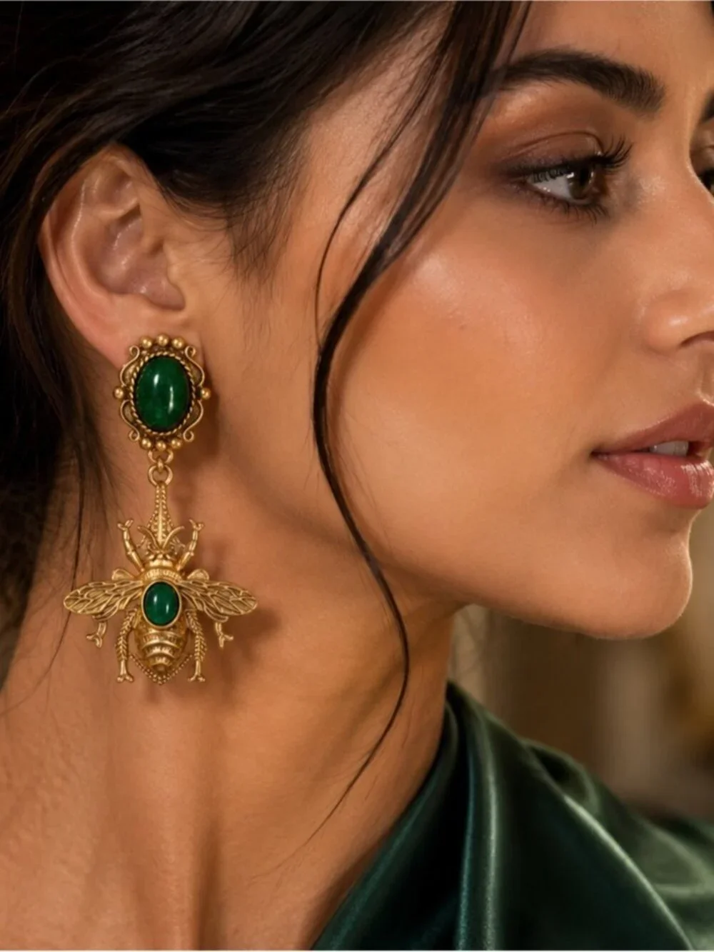 Vintage Gold Bee Drop Earrings with Green Stones